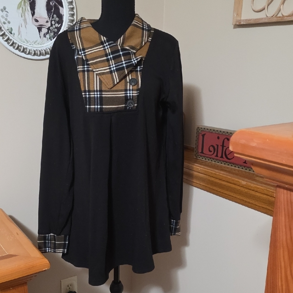 Plaid Accent Black Blouse